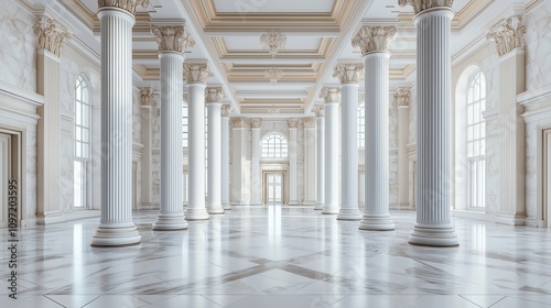 Palace with columns interior background, castle hall, classic ballroom illustration. Luxury wedding banquet room with arch window, marble column. Vintage palace interior. Generative AI