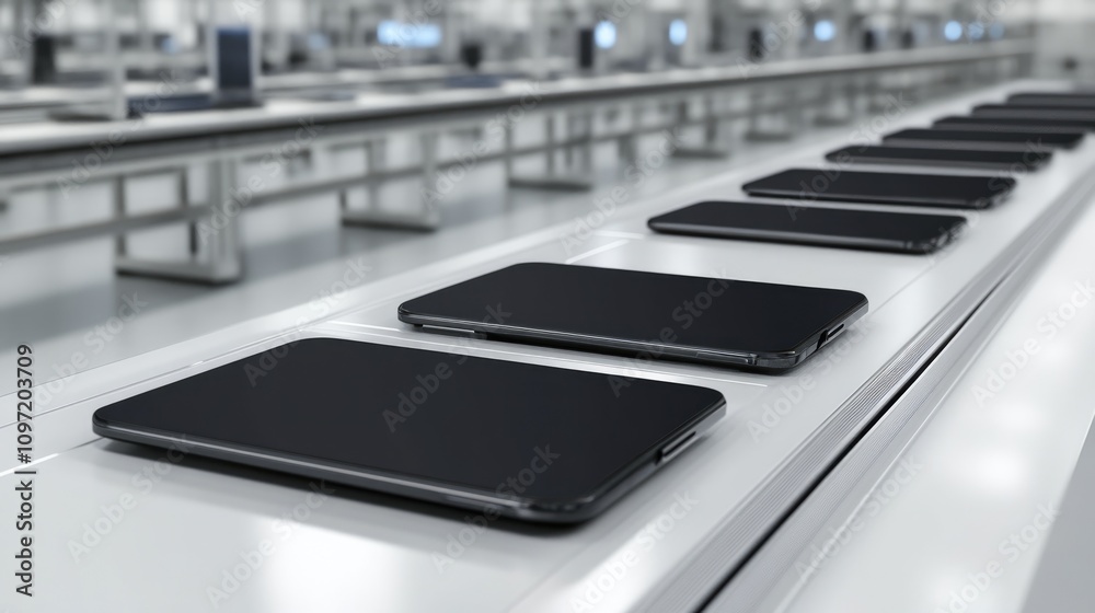 High-tech conveyor belt assembling advanced tablet devices High-tech conveyor belt assembling advanced tablet devices