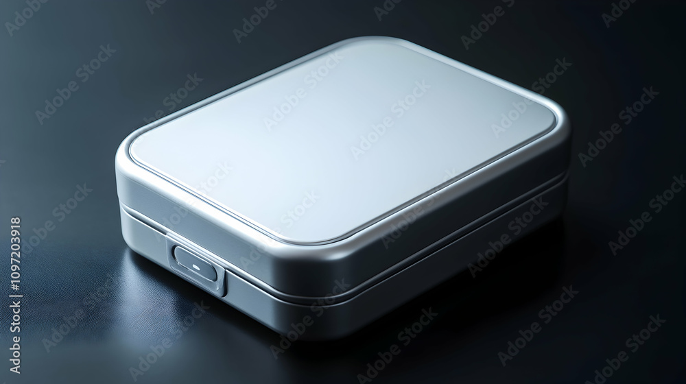 A sleek, silver rectangular box on a dark background, ideal for product packaging or presentation mockups. A sleek, silver rectangular box on a dark background, ideal for product packaging or presentation mockups.