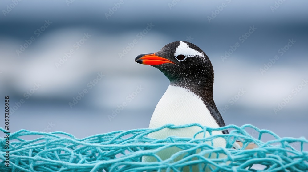Fototapeta premium Penguin trapped in fishing net, struggling to escape