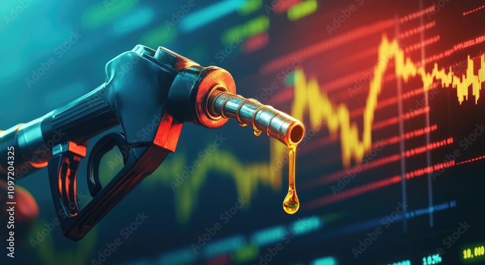 Fototapeta premium gasoline petroleum fuel nozzle with blurred background of oil price graph of the energy market business on a global industrial.