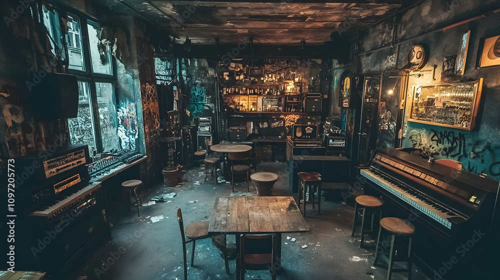 Abandoned bar interior with graffiti, piano, tables, and chairs. Abandoned bar interior with graffiti, piano, tables, and chairs.