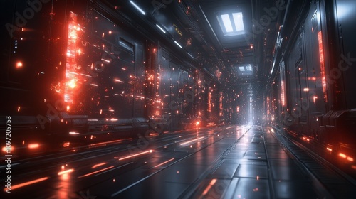 Fototapeta Naklejka Na Ścianę i Meble -  High-Tech Corridor with Red Energy Sparks and Futuristic space station