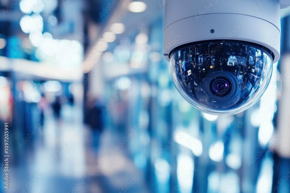 Security camera monitoring a public space, providing surveillance in modern environment with blurred people in background. Safety and technology concept.