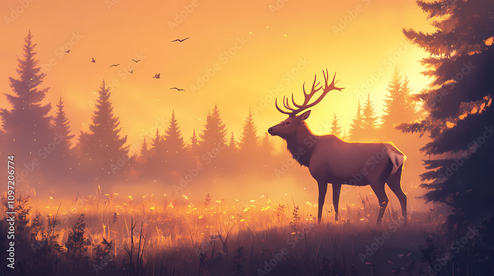 Majestic elk standing in a misty forest meadow during sunrise with golden light illuminating the landscape. Majestic Elk Forest. Illustration Majestic elk standing in a misty forest meadow during sunrise with golden light illuminating the landscape. Majestic Elk Forest. Illustration