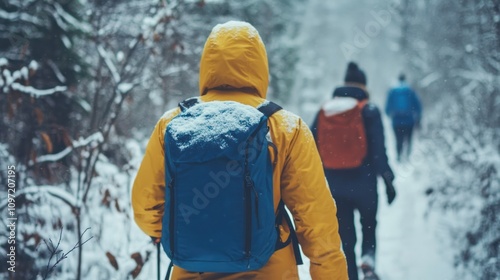 Winter Hiker Snow Covered Backpack Forest Trail photo