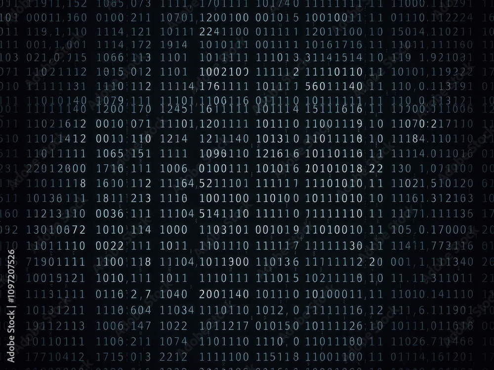 Depth effect in binary code layout with lighting, virtual reality, big data, intricate pattern, bright neon Depth effect in binary code layout with lighting, virtual reality, big data, intricate pattern, bright neon