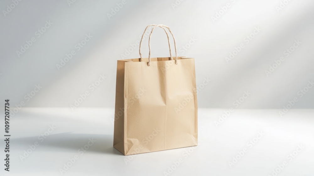 An empty paper shopping bag with its top slightly crumpled, standing upright on a smooth white background with soft shadows 