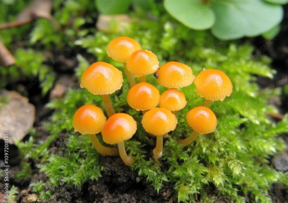 A cluster of small orange mushrooms growing on green moss in a natural setting. A cluster of small orange mushrooms growing on green moss in a natural setting.