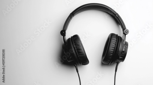 A pair of headphones with a black headband and a black ear piece. The headphones are on a white background