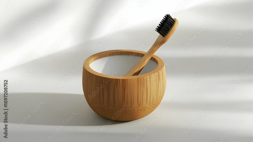 Bamboo toothbrush in a wooden holder on a white background. Bamboo toothbrush in a wooden holder on a white background.