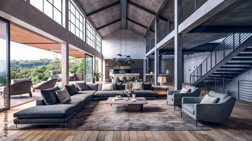 Spacious and modern living room with gray sectional sofa sleek armchairs high ceilings minimalist style and large windows overlooking greenery with industrial staircase.