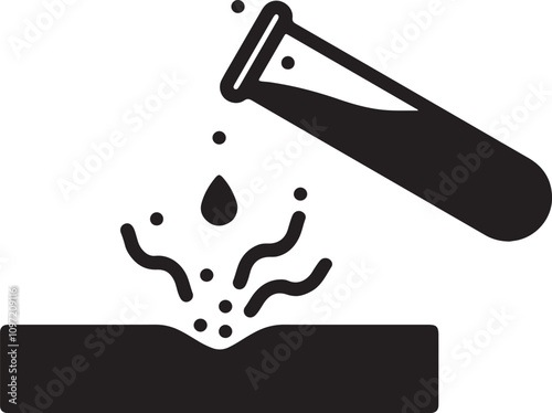 Illustration of a chemical glass bottle pouring liquid onto an object, causing it to melt or dissolve, with visible effects like steam or droplets