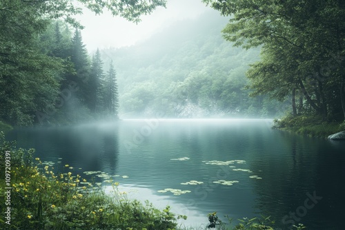 Serene lake surrounded by lush greenery and misty mountains.