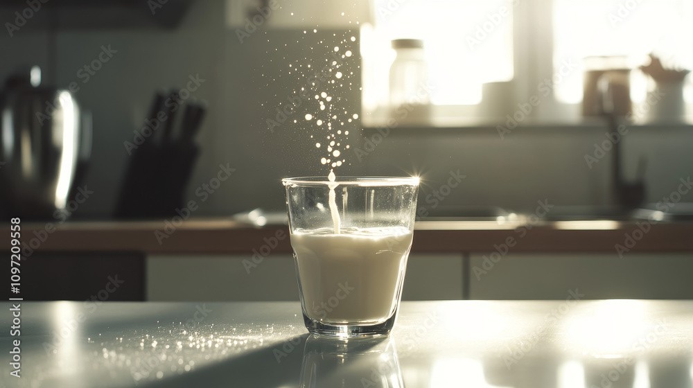 Pouring fresh milk from jug into glass at light table in kitchen, closeup Pouring fresh milk from jug into glass at light table in kitchen, closeup