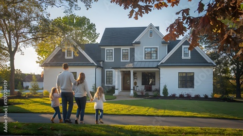 Happy family walking towards their modern home during sunset

