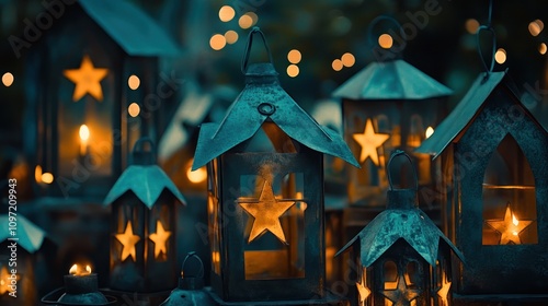 A collection metal lanterns with star-shaped cutouts, glowing softly under the night sky photo