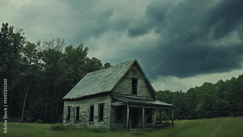 Dilapidated house stands alone in a field under dark, swirling storm clouds during late afternoon hours Dilapidated house stands alone in a field under dark, swirling storm clouds during late afternoon hours