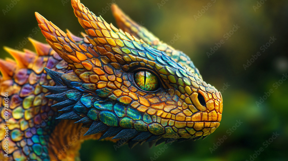 Fototapeta premium Intensely staring baby dragon with vibrant iridescent scales and spikes displays its stunning colors