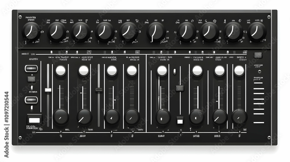 Black audio mixing console with multiple knobs and sliders for sound control. Black audio mixing console with multiple knobs and sliders for sound control.
