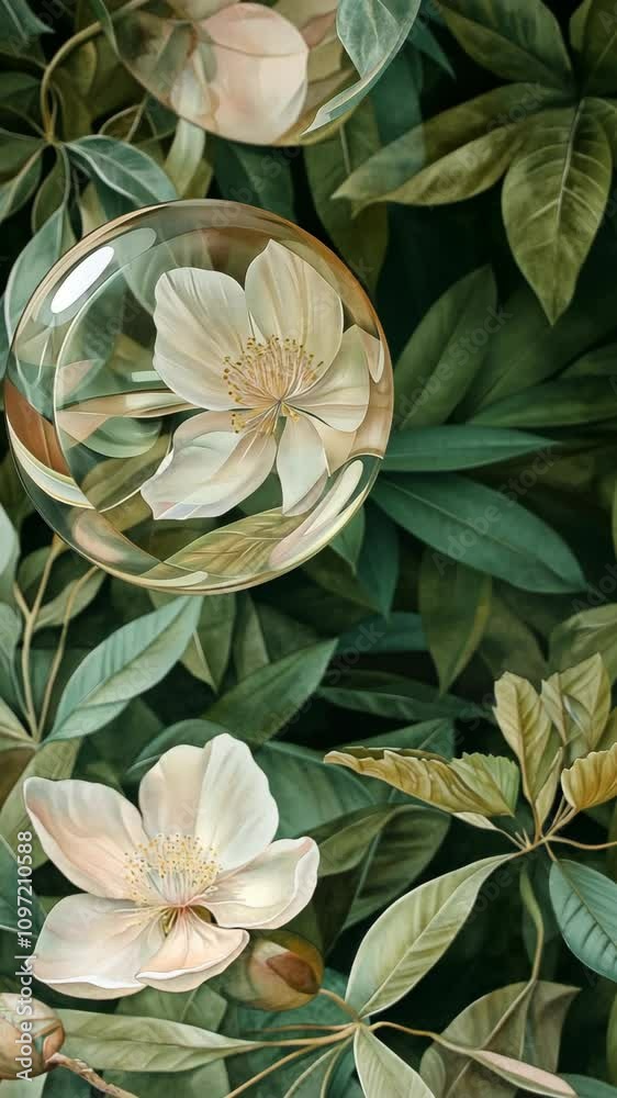 custom made wallpaper toronto digitalBeautiful white flowers surrounded by lush green leaves with a soap bubble reflecting nature's beauty