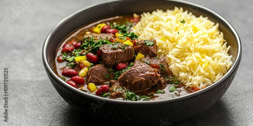 Bowl of Fragrant Ghormeh Sabzi with Kidney Beans and Lamb Served with Saffron Rice photo