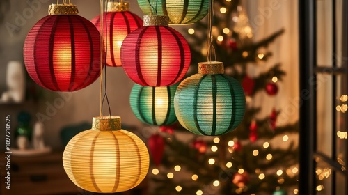 A cluster paper lanterns in green, red, and gold, hanging in a festive room with a holiday tree