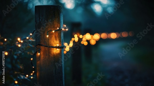 A strand glowing fairy lights wrapped around a fence post, casting soft light on the path below