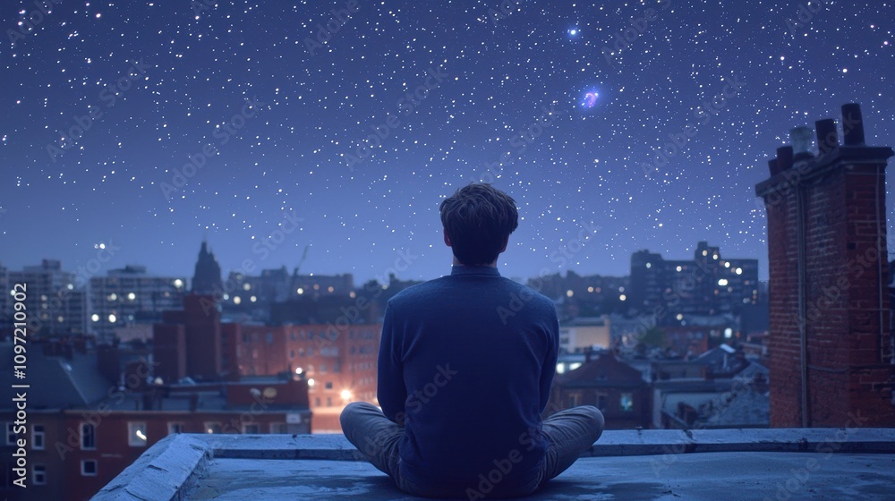 Contemplative Man Gazing at Starry Sky Over City Rooftop at Night Contemplative Man Gazing at Starry Sky Over City Rooftop at Night