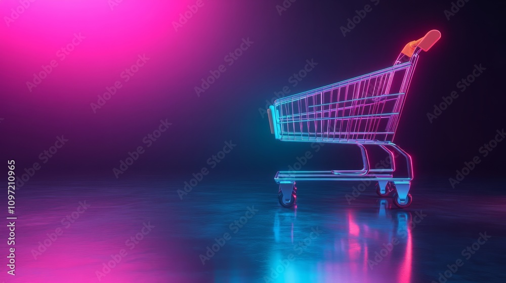 empty shopping cart against neon background with copyspace empty shopping cart against neon background with copyspace