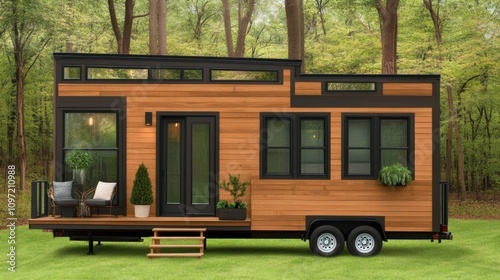 Modern tiny house with wooden exterior nestled in a lush forest setting, AI