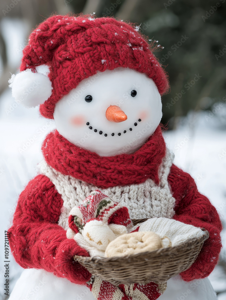 Festive snowman holding a basket of cookies in winter attire Festive snowman holding a basket of cookies in winter attire
