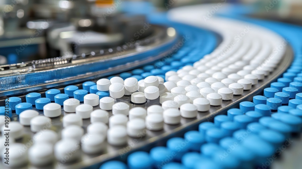 Obraz premium Blue and White Pills on Manufacturing Conveyor Belt in Factory Setting