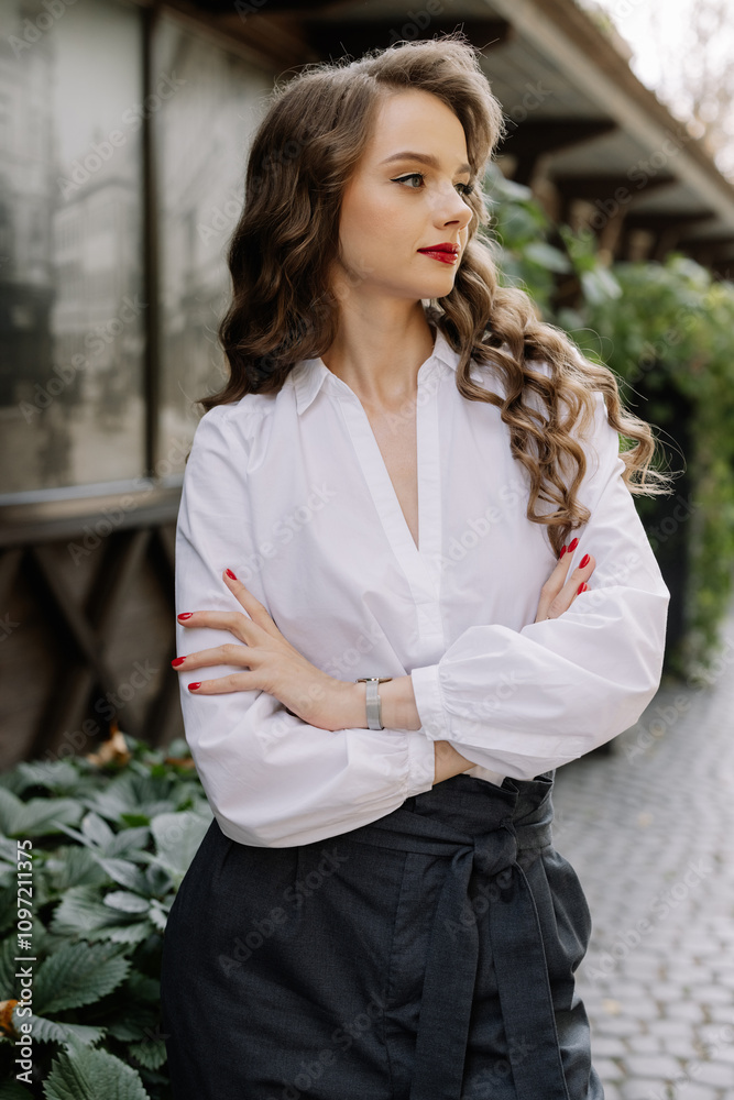 Confident businesswoman posing with folded arms outdoors Confident businesswoman posing with folded arms outdoors
