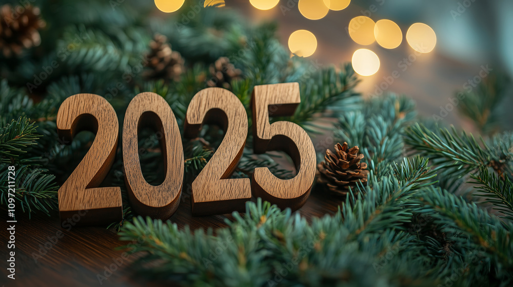 Wooden numbers set on a rustic table adorned with greenery for the celebration