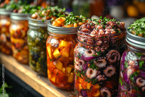 Delightful showcases of sea cabbage and octopus salad jars in a vibrant market photo