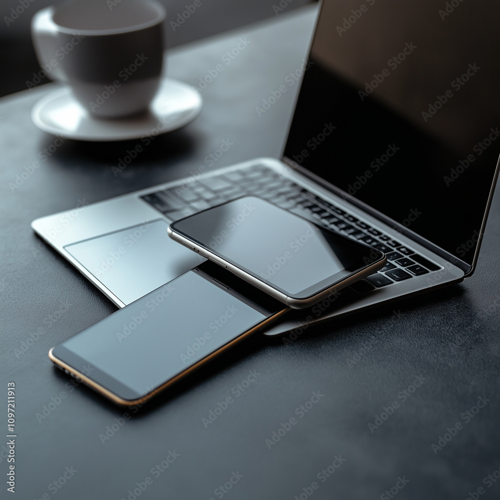 Minimalistisches Arbeitsplatz-Setup mit Laptop und Smartphone

