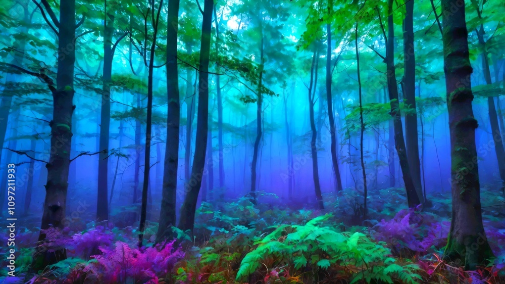 Naklejka premium AI GENERATE background, A dreamlike forest scene with gradient mists blending blue, green, and purple