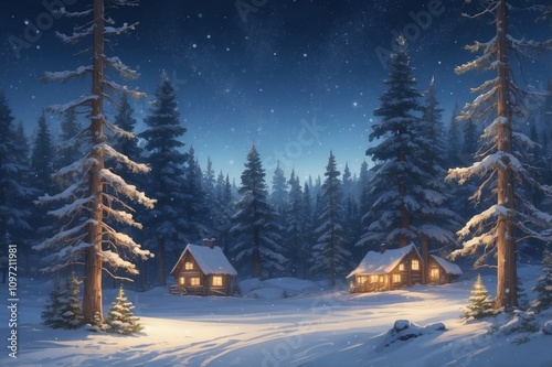 Snowy Winter Cabin with Fairy Lights 