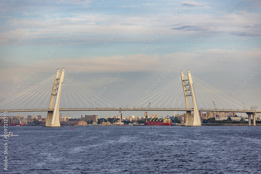 Russia. Saint-Petersburg. The bridge over the Ship's Fairway is a metal cable—stayed road bridge, which is part of the Western Speedway Diameter. Russia. Saint-Petersburg. The bridge over the Ship's Fairway is a metal cable—stayed road bridge, which is part of the Western Speedway Diameter.