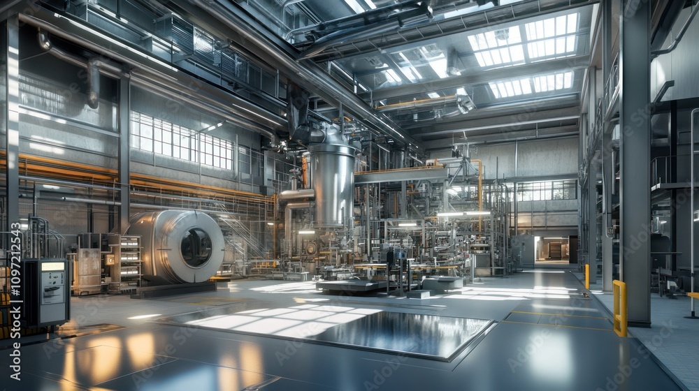 Fototapeta premium Open-plan factory interior, metal and glass accents, high-tech and modern equipment 