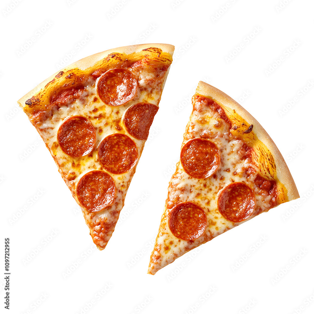 Two slices of pepperoni pizza with melted cheese and a golden crust. Two slices of pepperoni pizza with melted cheese and a golden crust.