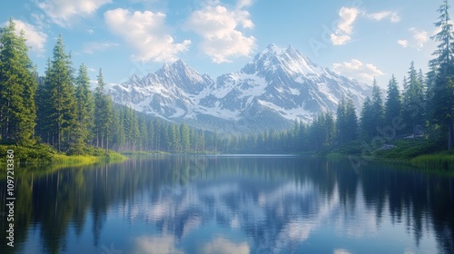 Serene mountain landscape with a reflective lake and lush forests.
