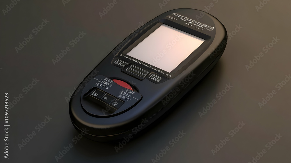 Black handheld digital device with blank screen and buttons on dark surface. Black handheld digital device with blank screen and buttons on dark surface.