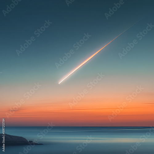 Meteor streaking across twilight sky over calm ocean horizon