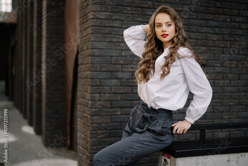 Businesswoman leaning on railing in urban setting