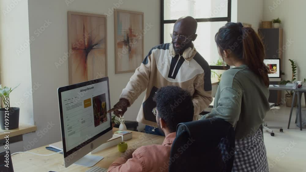 Medium shot of group of multiethnic colleagues, black man, Chinese woman standing around computer, discussing AI image generation quality from new software during test, suggesting improvements