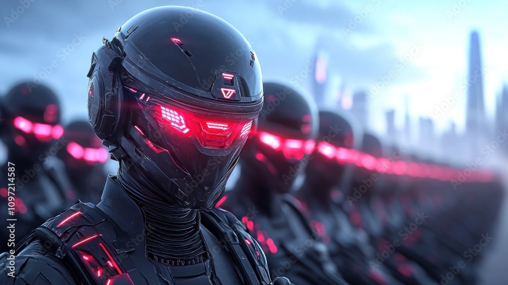 Futuristic Robotic SWAT Soldiers in Tactical Armor on Glowing Sci-Fi City Background Futuristic Robotic SWAT Soldiers in Tactical Armor on Glowing Sci-Fi City Background