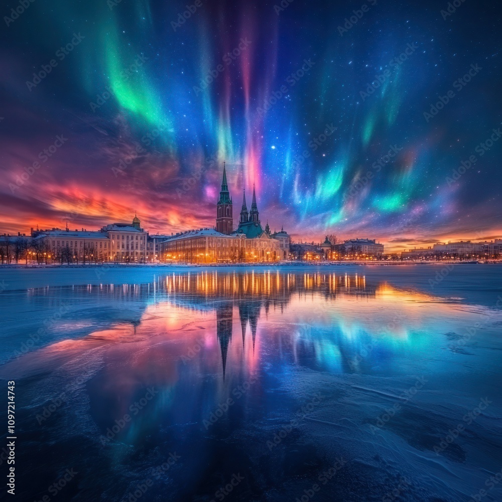 Frozen Beauty: Northern Lights and Uspenski Cathedral in Helsinki's Katajanokka District Frozen Beauty: Northern Lights and Uspenski Cathedral in Helsinki's Katajanokka District