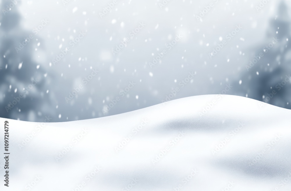 A serene winter landscape with falling snow and soft, white hills. A serene winter landscape with falling snow and soft, white hills.